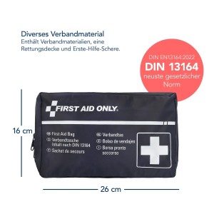 Dunkelblaue First Aid Only Verbandtasche DIN 13164 für Kfz mit weißem Kreuz.