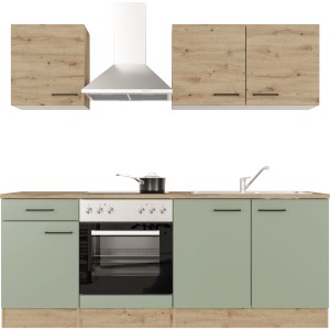 Flex-Well Küche Cara in Schilfgrün/Artisan Eiche mit E-Geräten und Dunstabzugshaube.