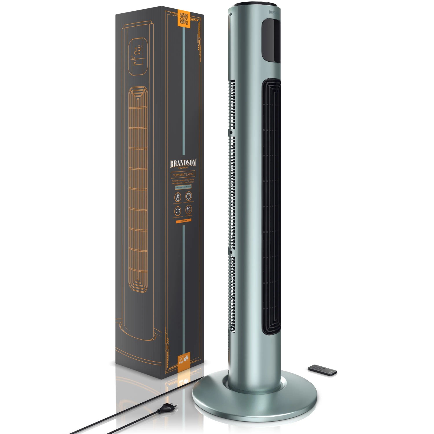 Brandson Turmventilator, 96cm, mit Fernbedienung und Oszillation. Silbermint.