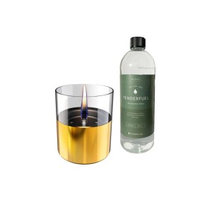 Tenderflame Tischfeuer Set Lilly Gold mit Fuel: Windlicht mit Glaszylinder und Brennstoffflasche.