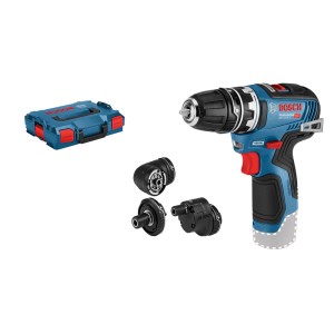 Bosch Professional Akku-Bohrschrauber GSR 12V-35 Flexi Click, blau, mit 3 Aufsätzen und L-Boxx.