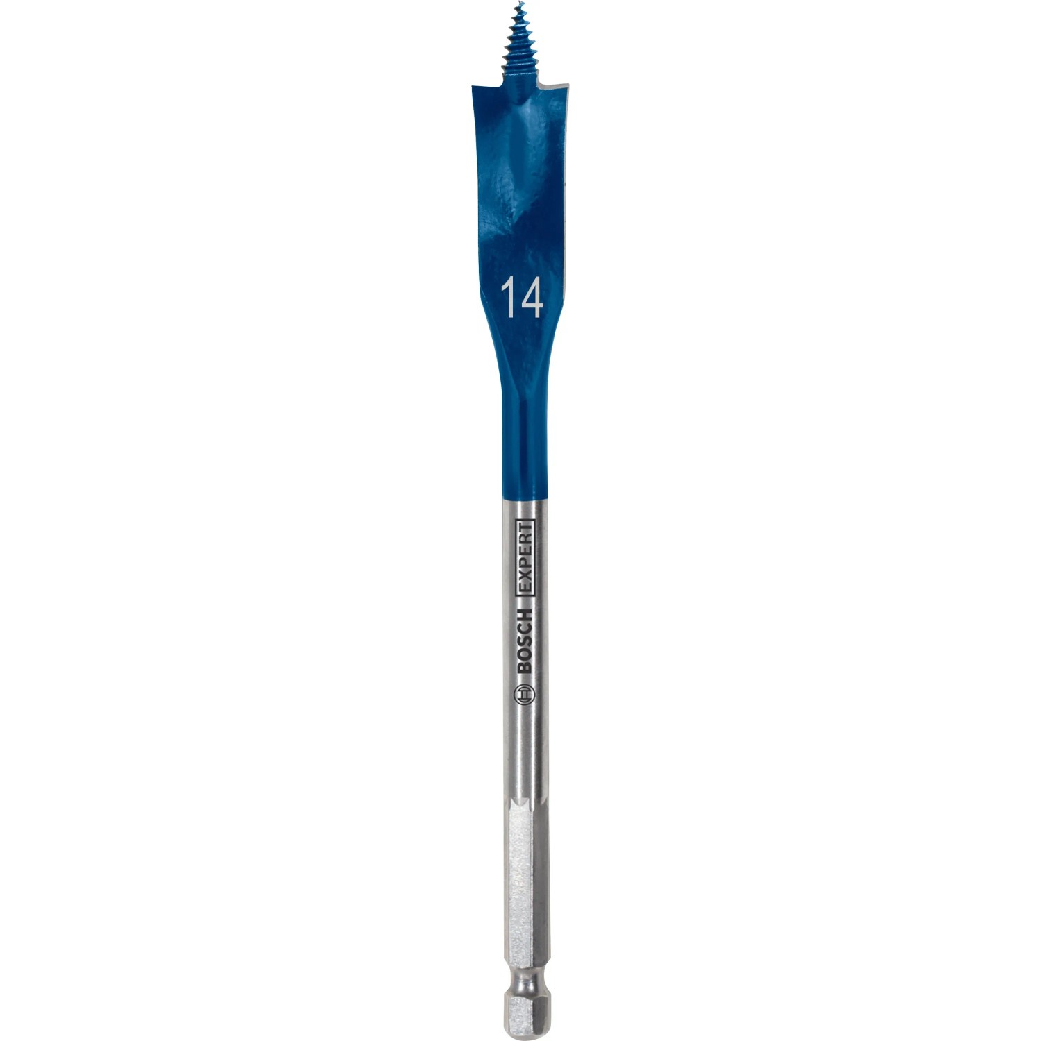 Bosch Expert Selfcut Flachfräsbohrer, Ø 14 mm, für Holz. Blauer Bohrkopf mit Zentrierspitze und Sechskantschaft.