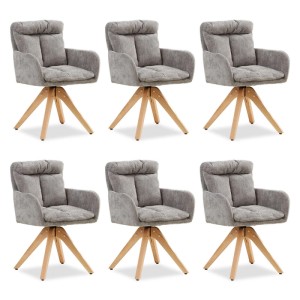 Sechs graue Polsterstühle mit Drehfunktion und Holzbeinen. Komfortable Drehstühle im 6er Set für Esszimmer oder Küche.