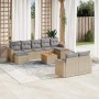Beige 10-tlg. Garten-Sofagarnitur aus Polyrattan mit hellgrauen Kissen und Tisch.