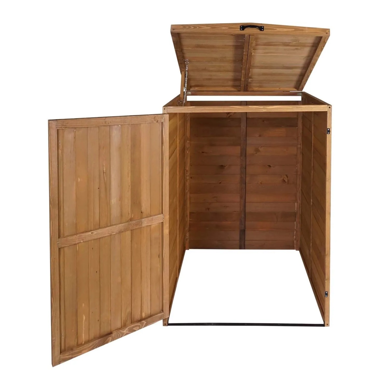 Braune Mülltonnenbox aus Tannenholz, Tür und Deckel geöffnet. Ideal für 1-2 Mülltonnen im Garten.