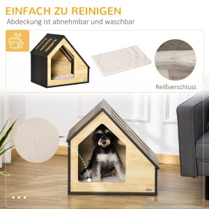 Pawhut Hundehütte mit Kissen, Schrägdach, Holzoptik und schwarzem Rahmen. Hund sitzt darin.