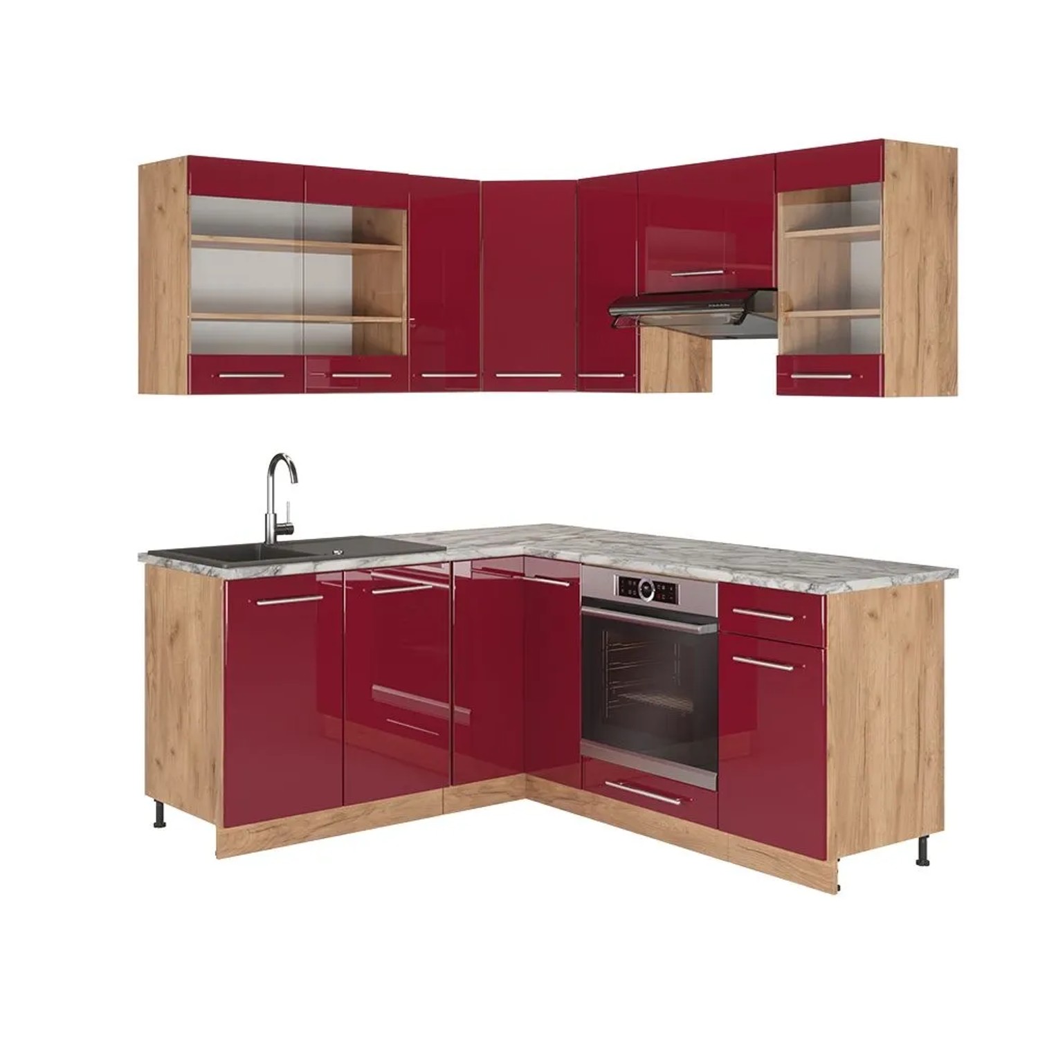 Vicco Eckküche Fame-Line Bordeaux Hochglanz/Goldkraft Eiche 190 x 82, AP Marmor