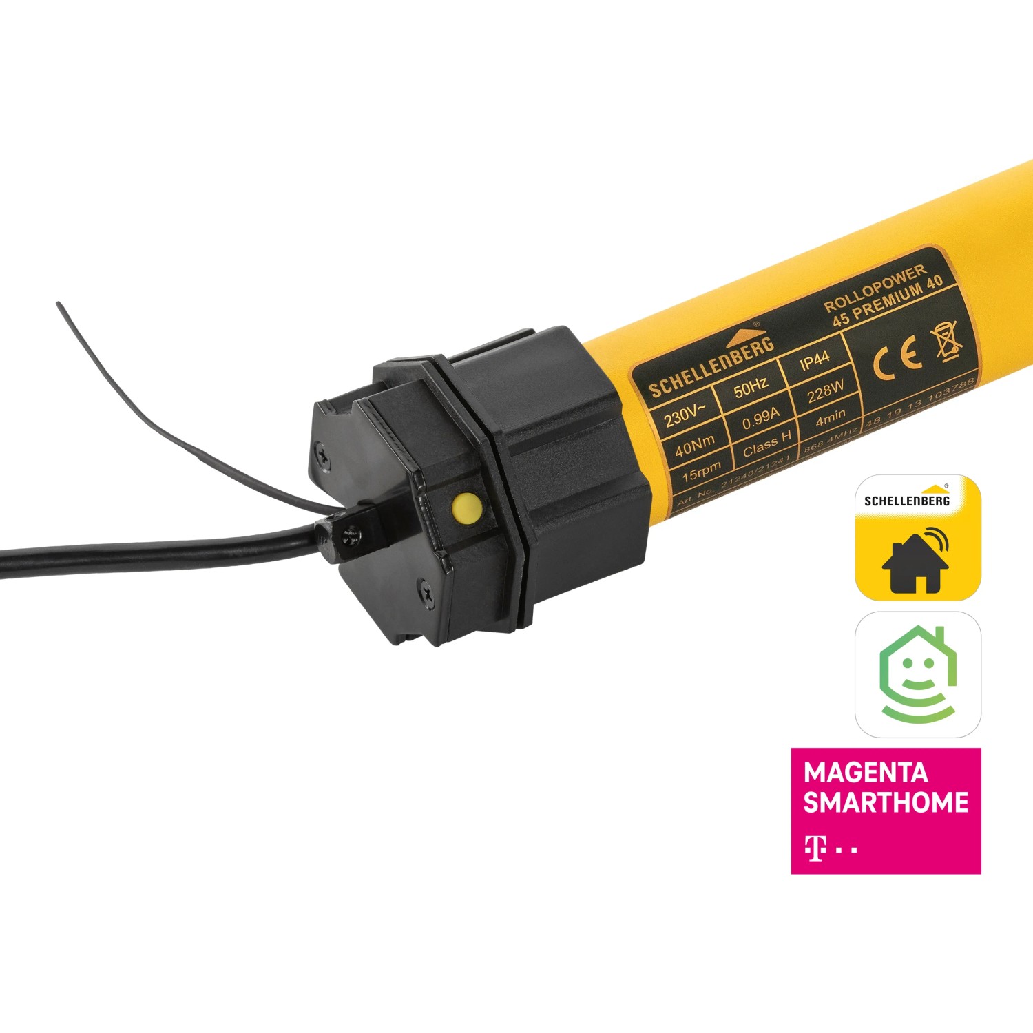 Schellenberg Funk-Rolladenmotor Maxi Premium 40 Nm, gelber Rohrmotor mit schwarzem Anschlussstück.