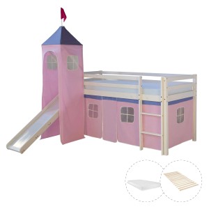 Homestyle4u Hochbett 90x200 mit Vorhang Lattenrost Matratze Rutsche Turm in Weiß 2559