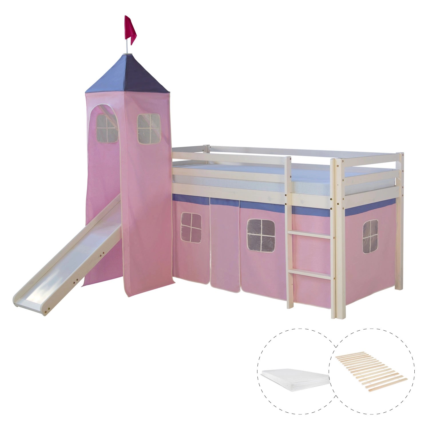 Homestyle4u Hochbett 90x200 mit Vorhang Lattenrost Matratze Rutsche Turm in günstig online kaufen