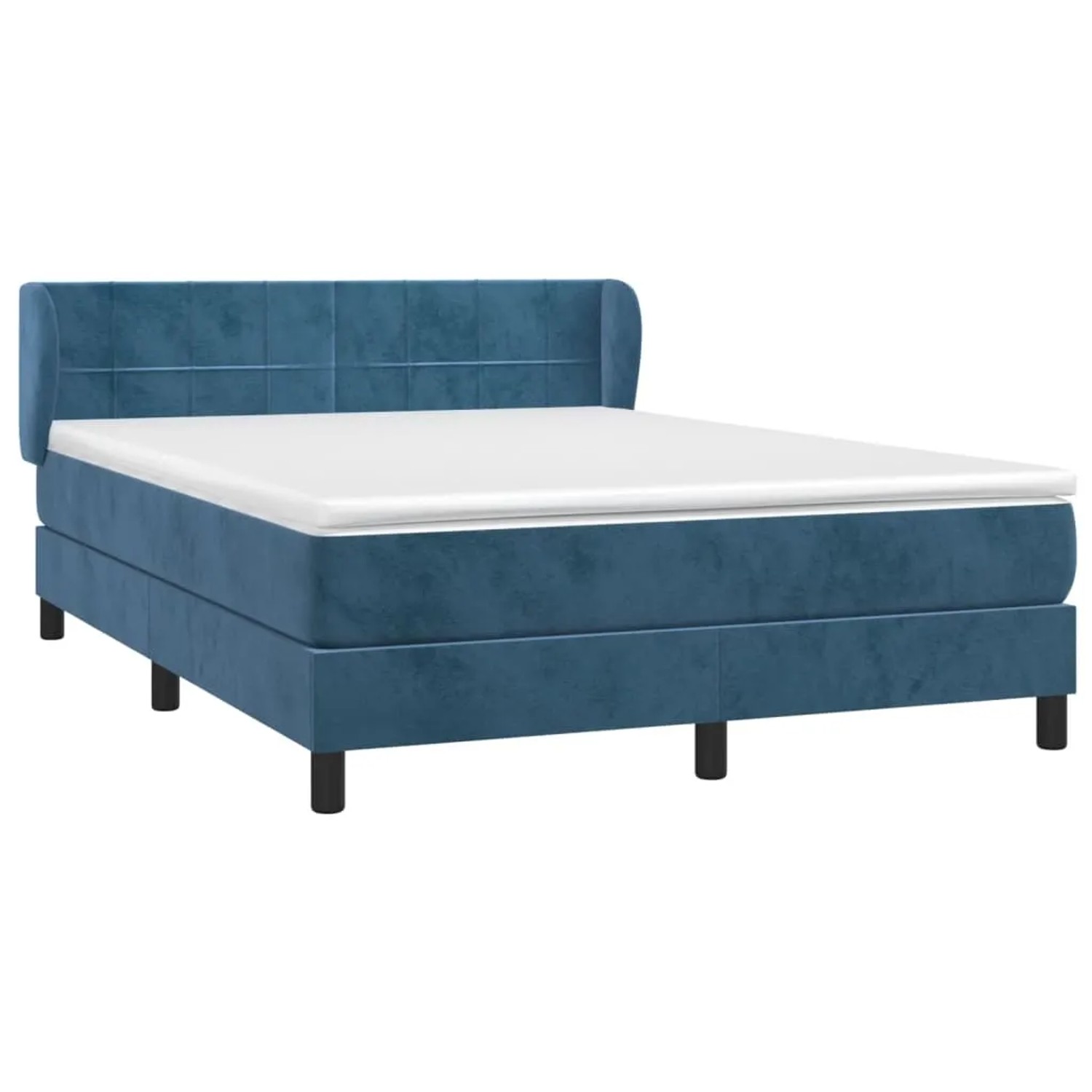 Boxspringbett dunkelblau mit Matratze und Kopfteil, Samtbezug, 140x190 cm.