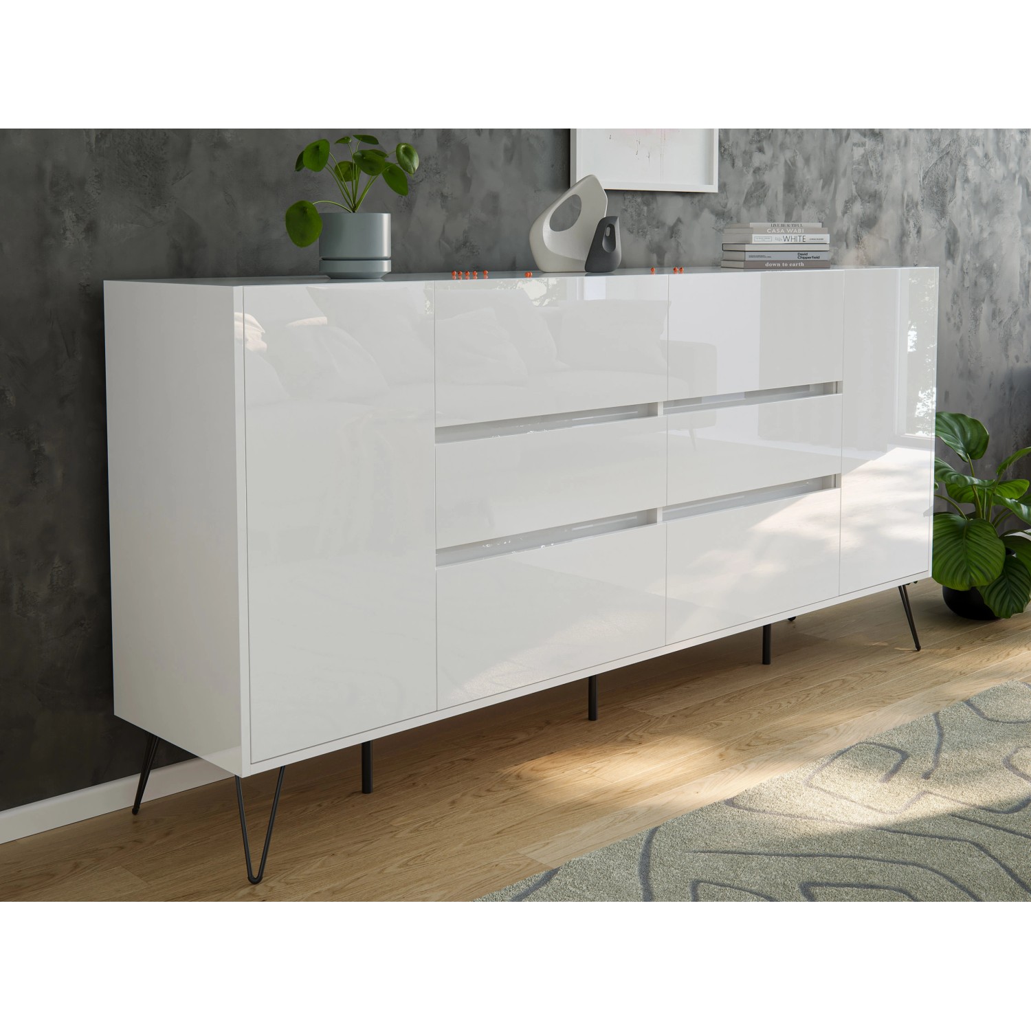 Posseik Sideboard Industrial R 6 Schubladen 2 Türen 200 cm Weiß Hochglanz günstig online kaufen