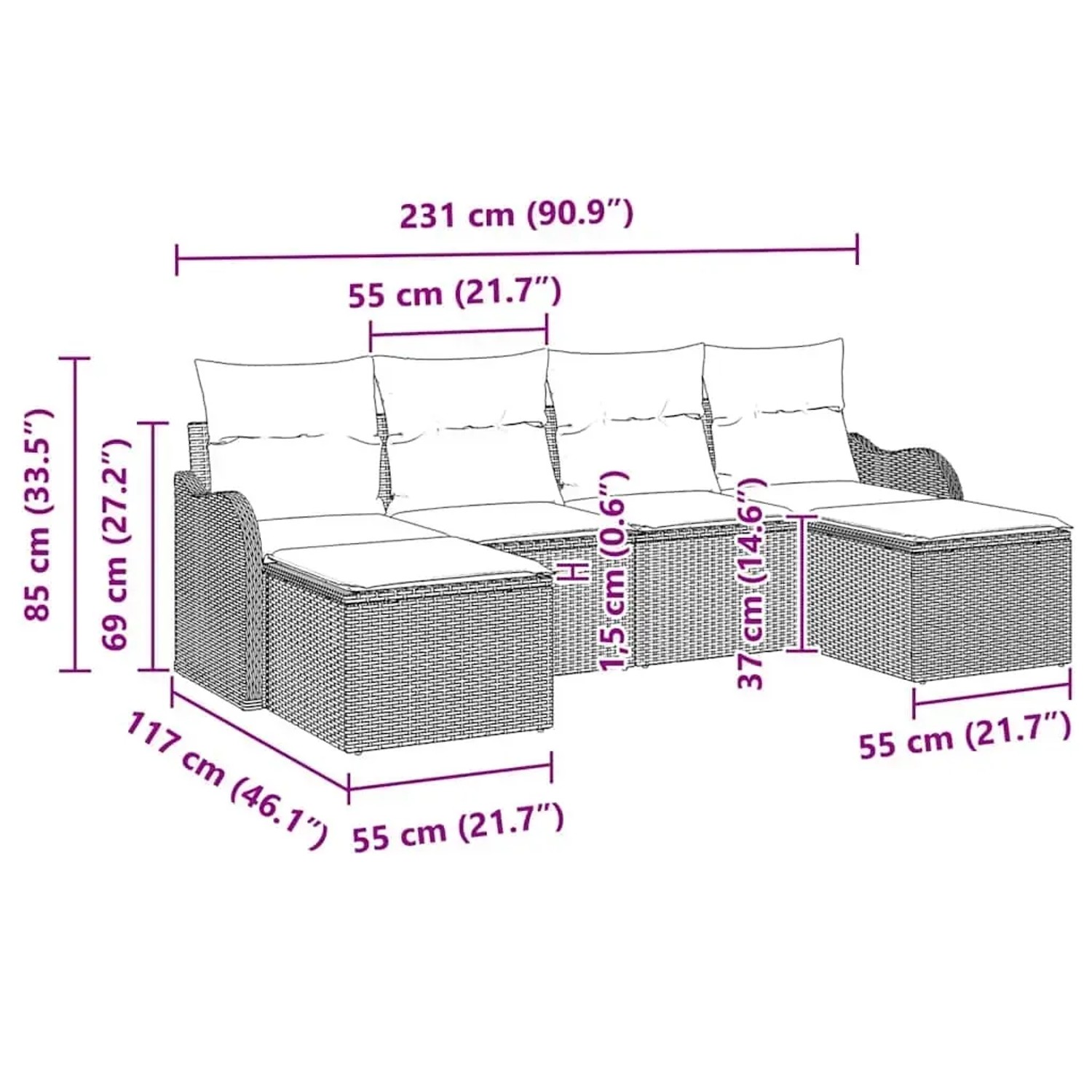 vidaXL Gartenmöbel-Set, 6-teilig, beige/hellgrau, Polyrattan. Sofa mit Kissen und Fußhocker.