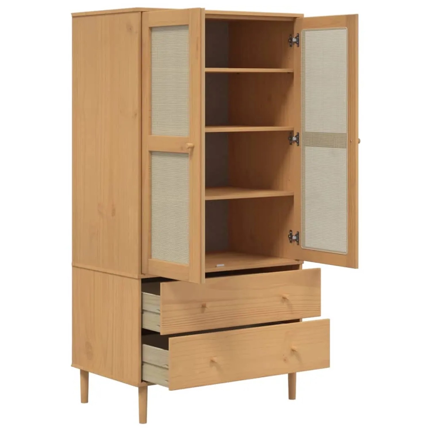 Brauner Kleiderschrank SENJA mit Rattan-Optik, Kiefernholz, offene Türen und Schubladen.