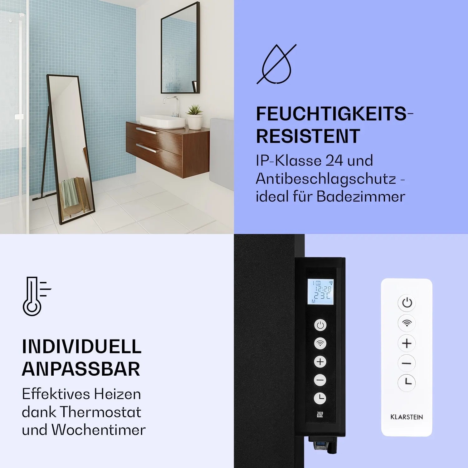 Klarstein La Palma Infrarotstrahler mit Spiegel, 900W, schwarz, mit Fernbedienung und Standfuß.
