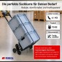 Schwarze PROREGAL Klapp-Treppensackkarre aus Aluminium mit 3-Rad-System, 80kg Traglast, beladen mit Kisten.