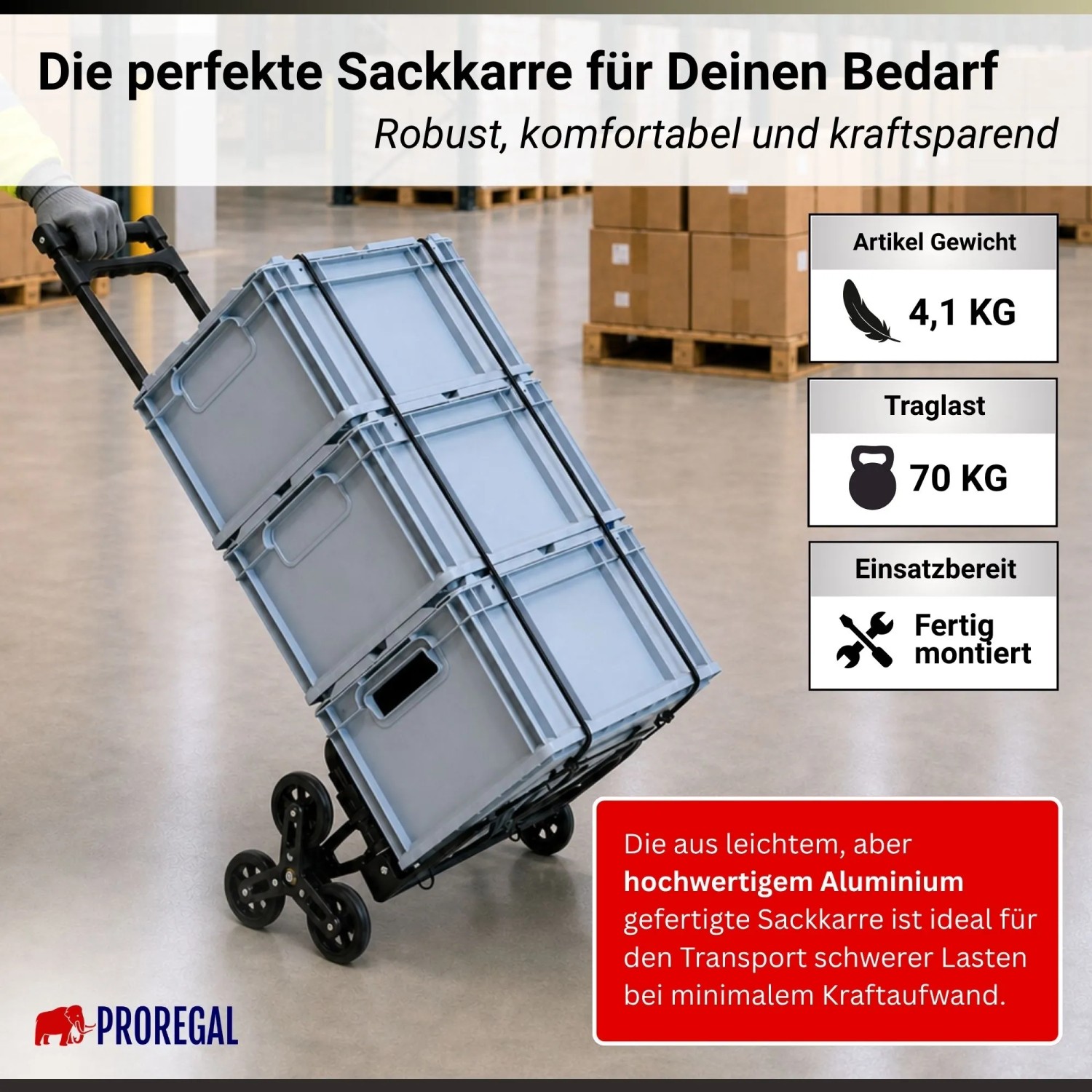 Schwarze PROREGAL Klapp-Treppensackkarre aus Aluminium mit 3-Rad-System, 80kg Traglast, beladen mit Kisten.