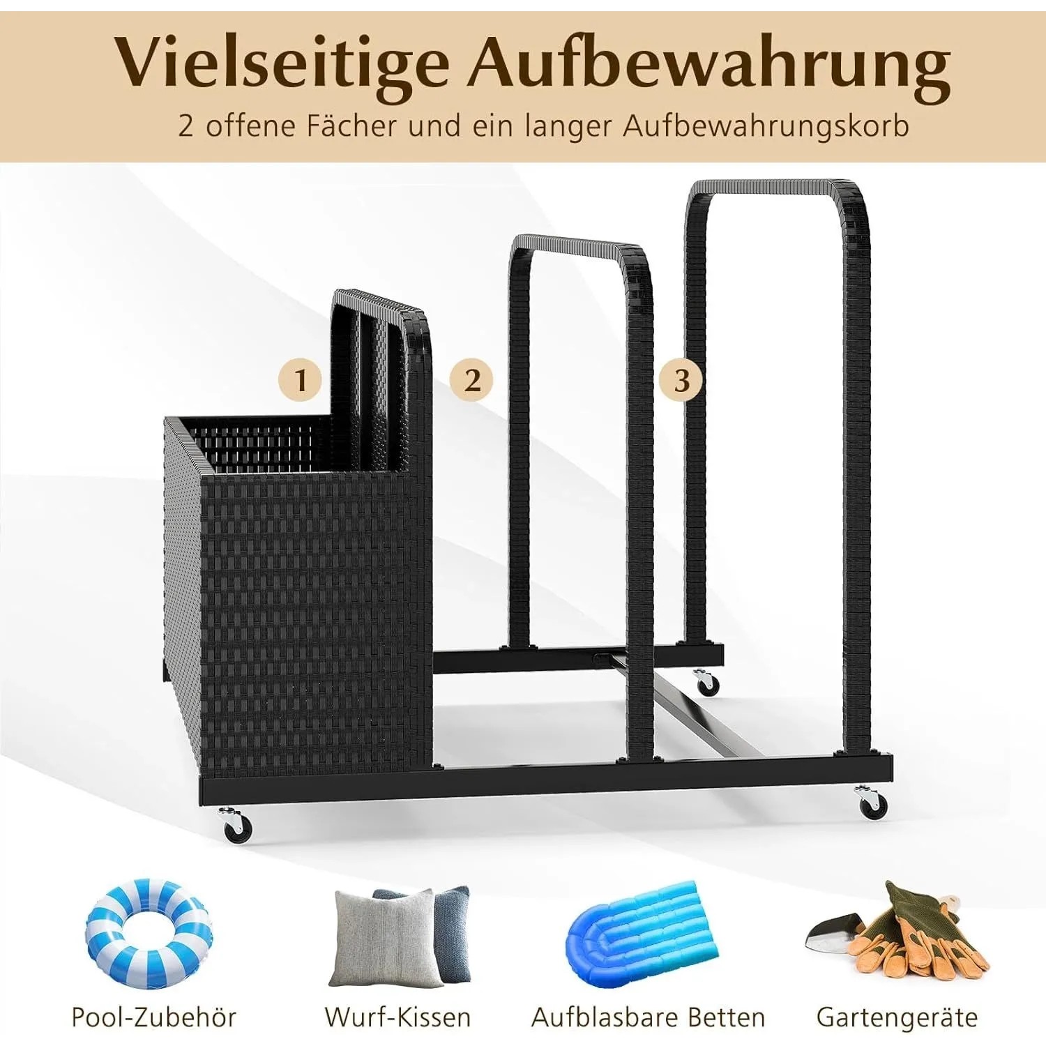 Costway Pool Aufbewahrungskorb mit Rollen Pe Rattan Schwarz_5