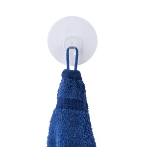 Wenko Static-Loc Wandhaken Uno White mit blauem Handtuch, einfache Montage ohne Bohren.