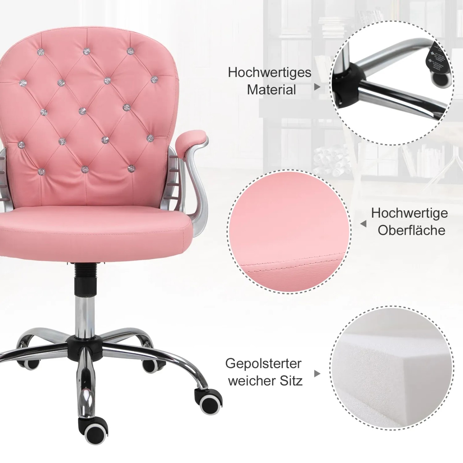 Rosa Vinsetto Bürostuhl mit gepolsterter Rückenlehne und Chromgestell.