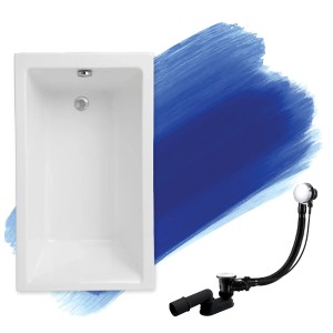 Weiße Rechteck-Badewanne CAPRI 120x70 aus Acryl mit verchromtem Ablauf und separatem Siphon-Set. Inkl. Füße.