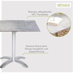 Quadratischer Acamp Klapptisch Platin-Cemento, 80x80 cm, ideal für Garten & Balkon. Gartentisch mit robustem Aluminiumgestell.