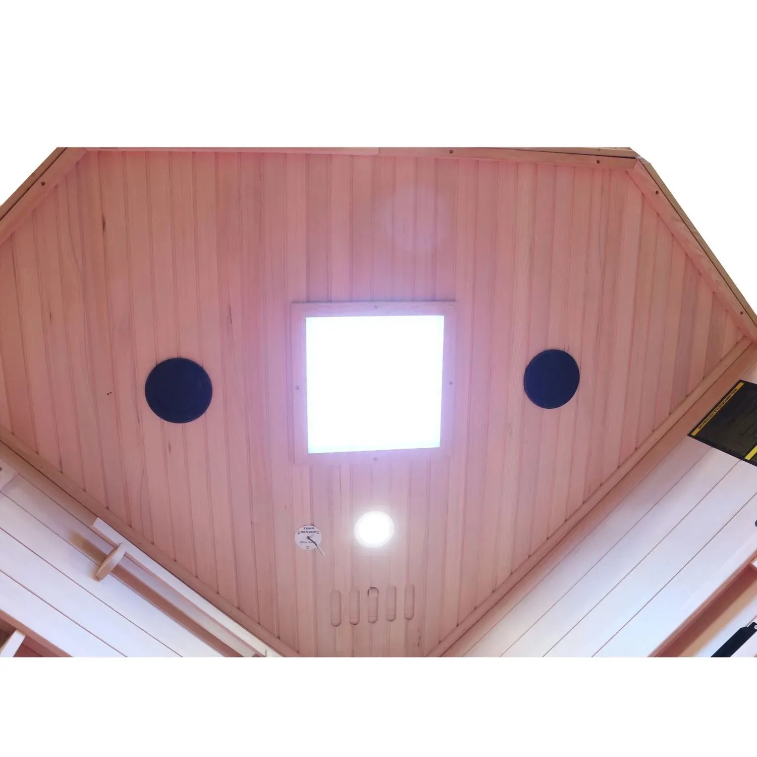 Innenansicht der Dewello Infrarotkabine Sauna aus Hemlock Tannenholz mit Deckenleuchte.