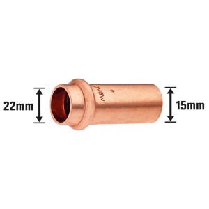 Kupfer Press-Absatznippel, 22 mm auf 15 mm, für Kupferrohr-Installation.
