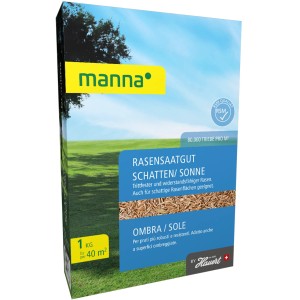 Manna Saat Sonnen- und Schattenrasen, 1 kg Packung für dichten, strapazierfähigen Rasen.