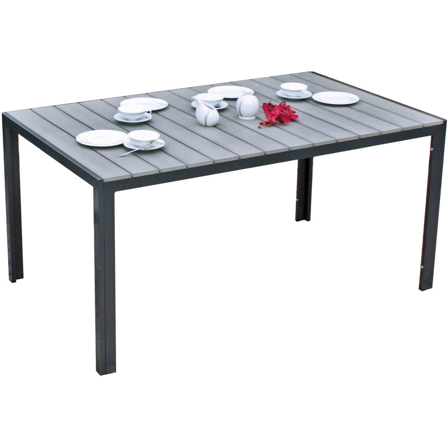 Graue 5-tlg. Sitzgruppe Olivia: Gartentisch mit Nonwood-Lattung und Aluminiumgestell.
