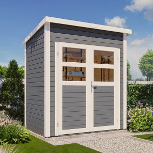 Graues Holz-Gartenhaus Bertilo Felix mit Doppeltür und Lichtausschnitten im Garten.