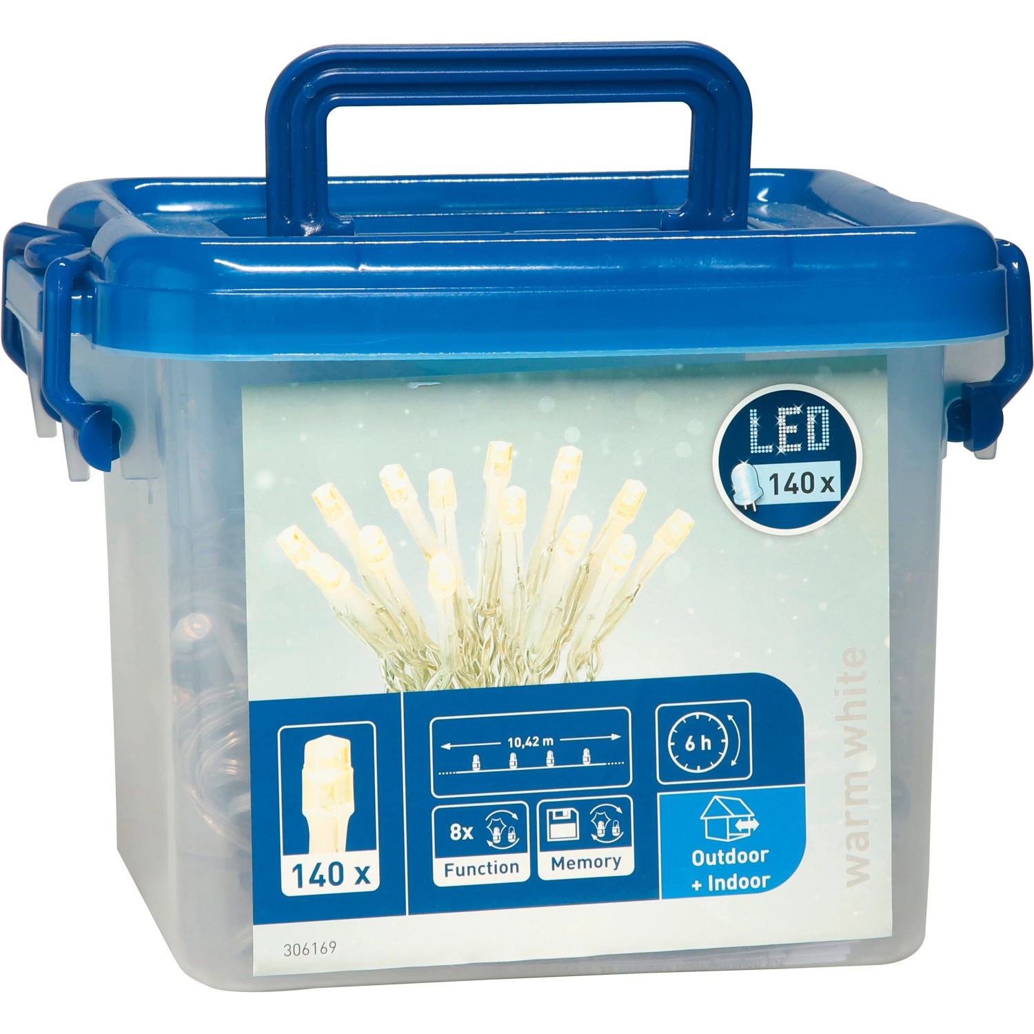 LED-Lichterkette mit 140 warmweißen LEDs in transparenter Kunststoffbox, ideal für Innen und Außen.