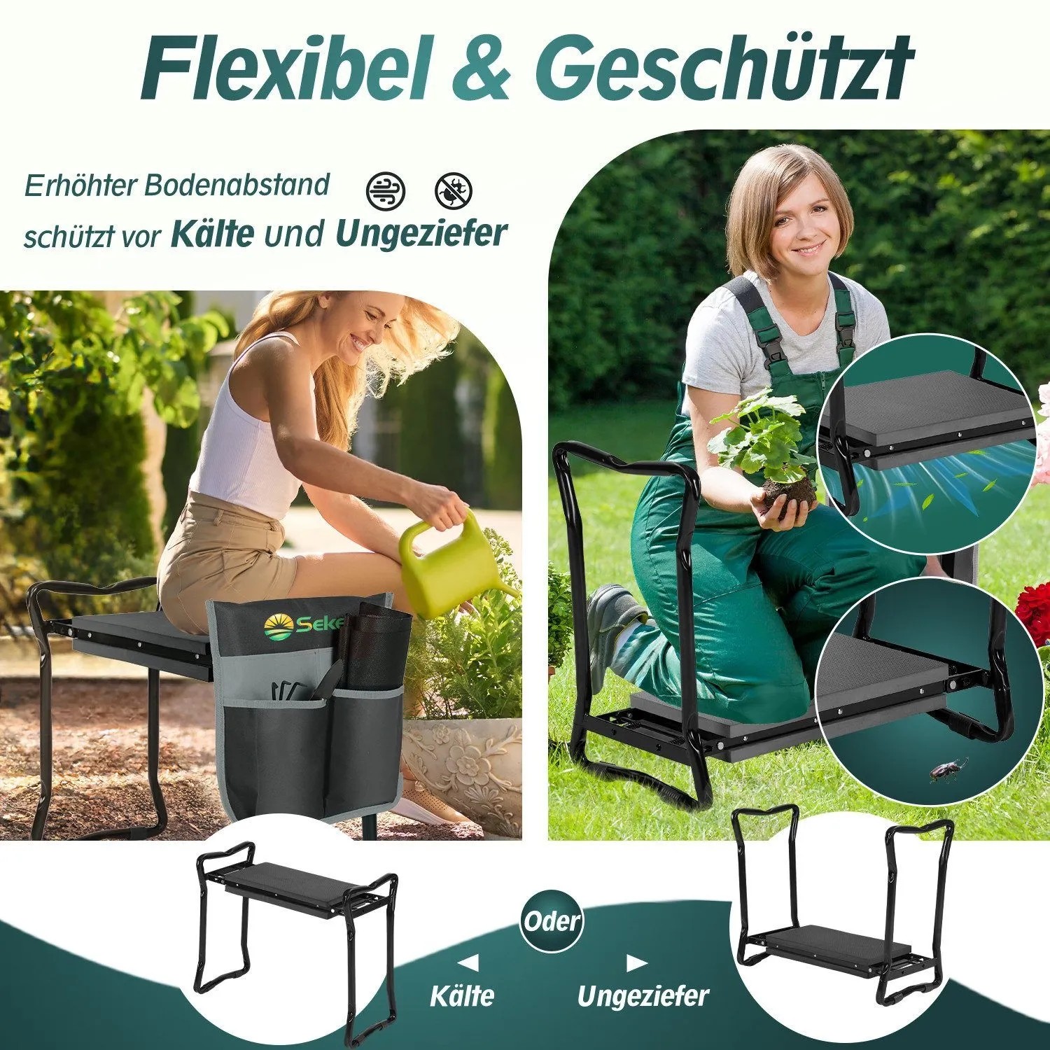 Sekey 2-in-1 Kniebank/Gartenhocker mit schwarzem Rahmen, Polster und Werkzeugtasche. Frau gärtnert kniend und sitzend.