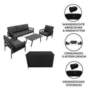 Jardi 4-teilige Sofagarnitur mit Rattan-Box, anthrazitgrau. Gartenmöbel-Set mit Sofa, Sesseln, Tisch und Aufbewahrungsbox.