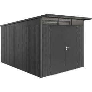 Biohort Metall-Gerätehaus AvantGarde Gr. A8 in Dunkelgrau-Metallic mit Doppeltür.