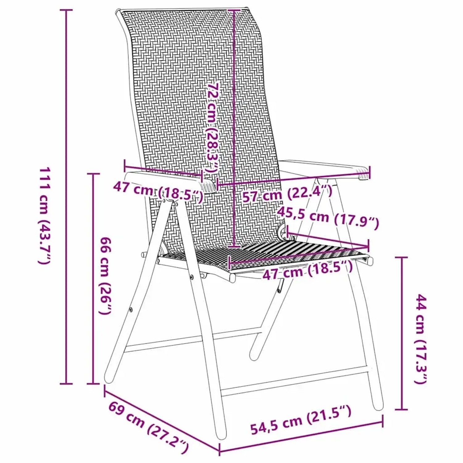 vidaXL Garten Essgruppe, 3-tlg, braun, Poly Rattan, höhenverstellbar, Maße werden angezeigt.