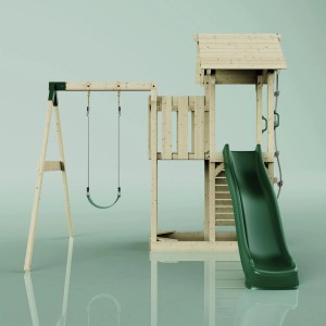 PolarPlay Spielturm Bergen mit Schaukel, Kletterwand und grüner Rutsche.