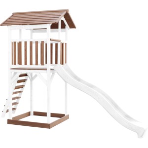 Axi Beach Tower Spielturm mit Rutsche, braun-weiß, aus Holz für den Garten.