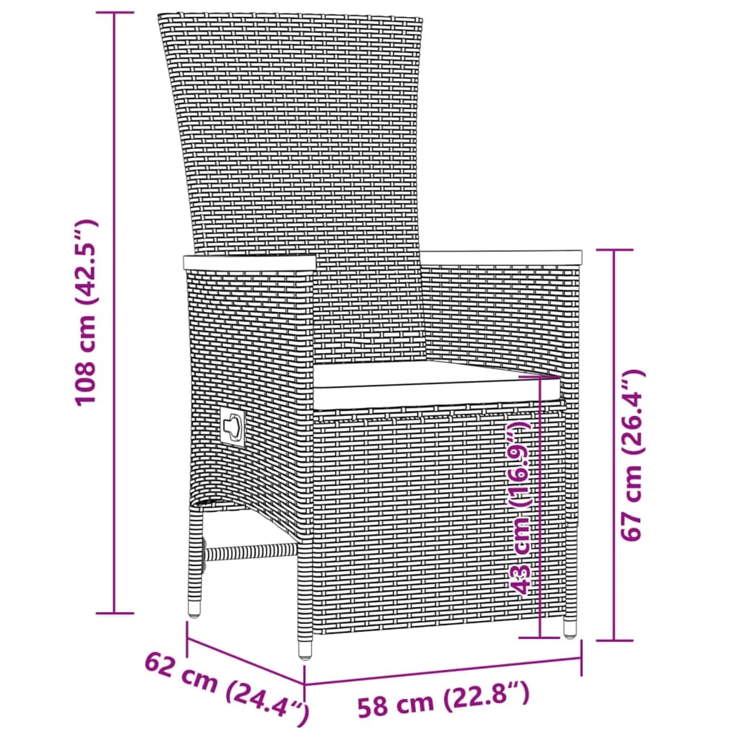 Grauer Gartenstuhl aus Rattan mit Maßen, Teil der vidaXL 11-tlg Essgruppe.