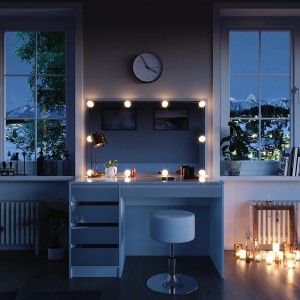 Weißer Vicco Schminktisch Sherry 120 cm mit LED und Hocker im Schlafzimmer.