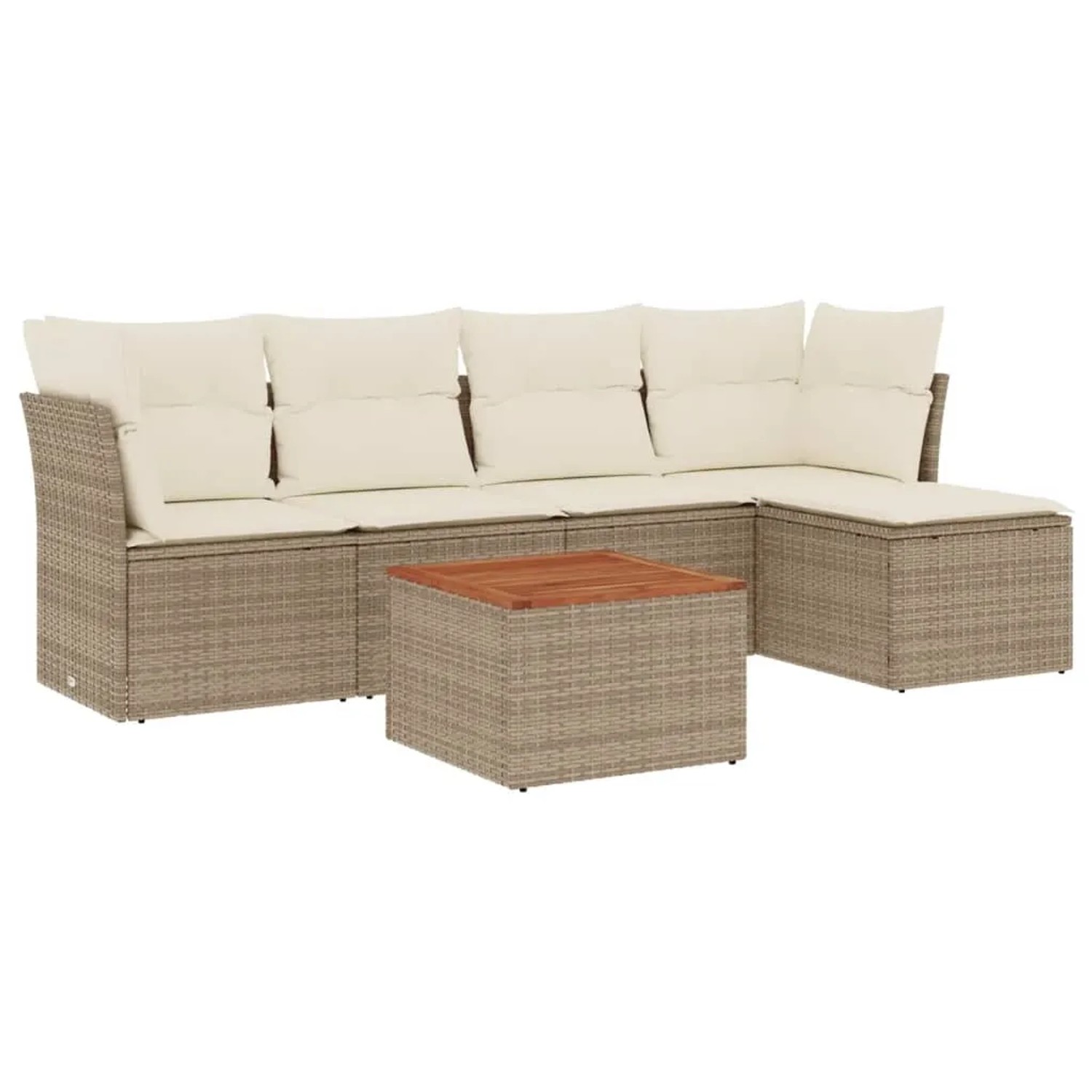Beige 6-tlg. Garten-Sofagarnitur aus Rattan mit Kissen und Tisch für Terrasse oder Garten.