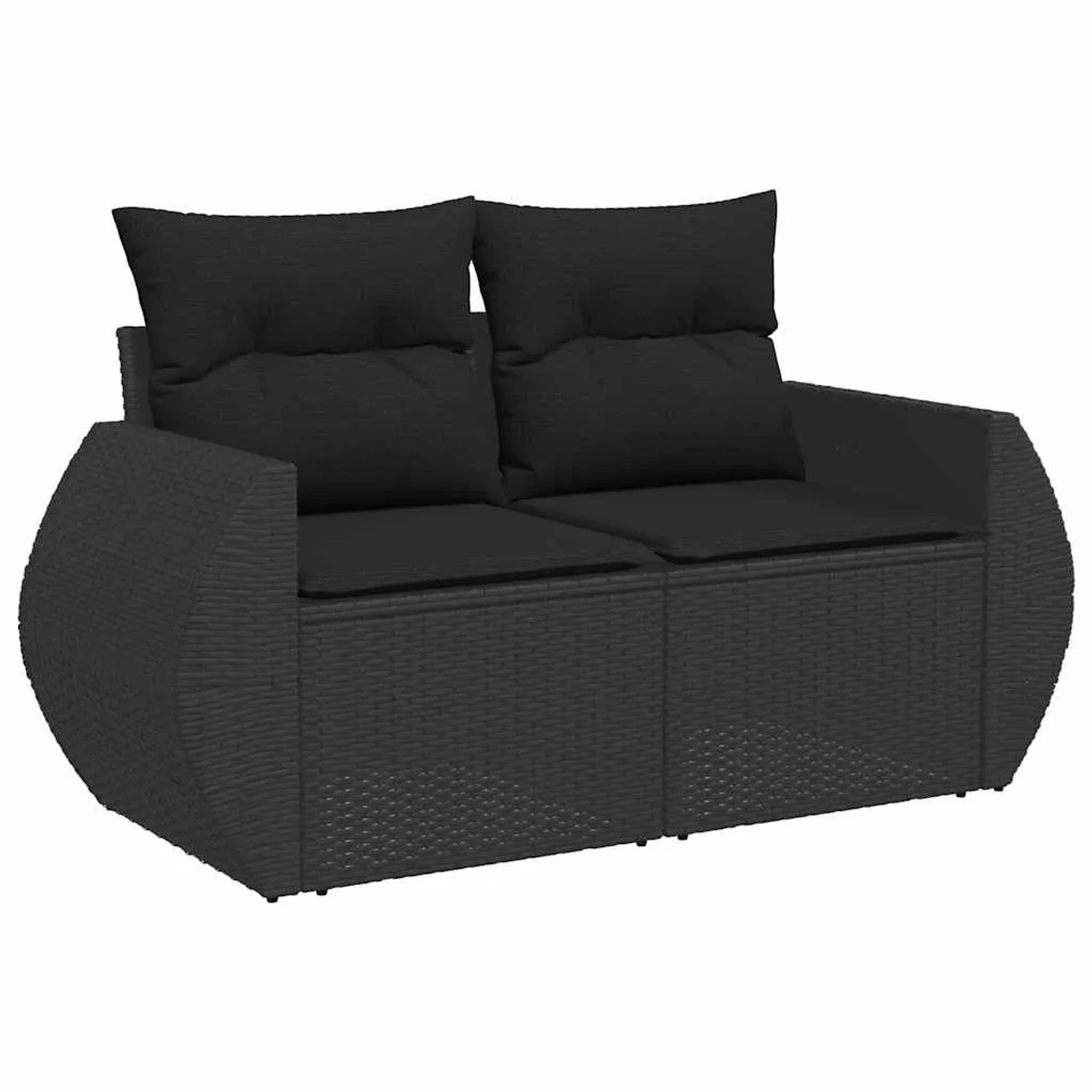Schwarze 2-Sitzer Garten-Sofagarnitur aus Poly Rattan mit Kissen. Teil der 9-teiligen vidaXL Gartenmöbel Set.