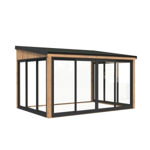 Modernes, hellbraunes Palmako Holz-Gartenhaus mit Pultdach und großen Fensterflächen.