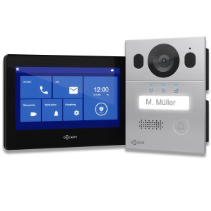 Goliath 2-Draht Video Türsprechanlage mit Monitor und Außenstation in Schwarz/Silber.
