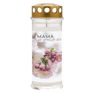 Weißes Ambrosius Grablicht „Mama“ mit Blumenmotiv, Ø 7,5 cm. Wetterfestes Design für lange Brenndauer.