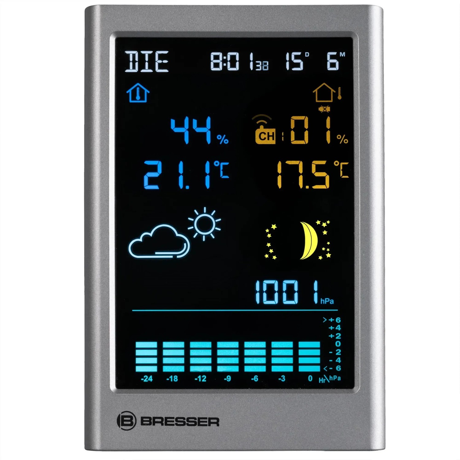 Bresser MeteoTemp TBV Funk-Wetterstation in Anthrazit mit Temperatur-, Feuchtigkeits- und Luftdruckanzeige.