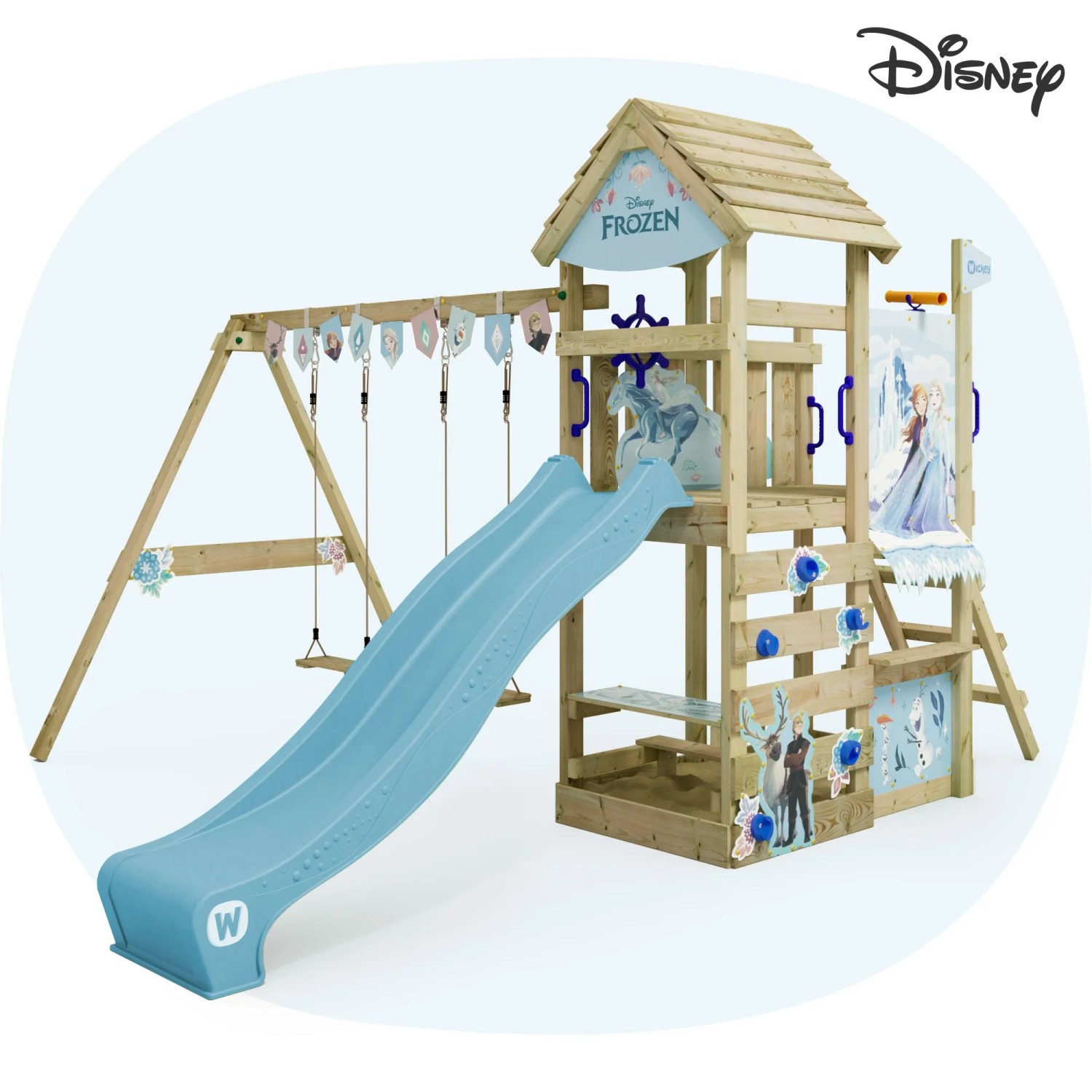 Wickey Disney Adventure Spielturm mit Rutsche, Schaukel und Kletterwand in Pastellblau.