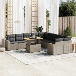 Graue 11-tlg. vidaXL Garten-Sofagarnitur aus Polyrattan mit Tisch und Kissen.