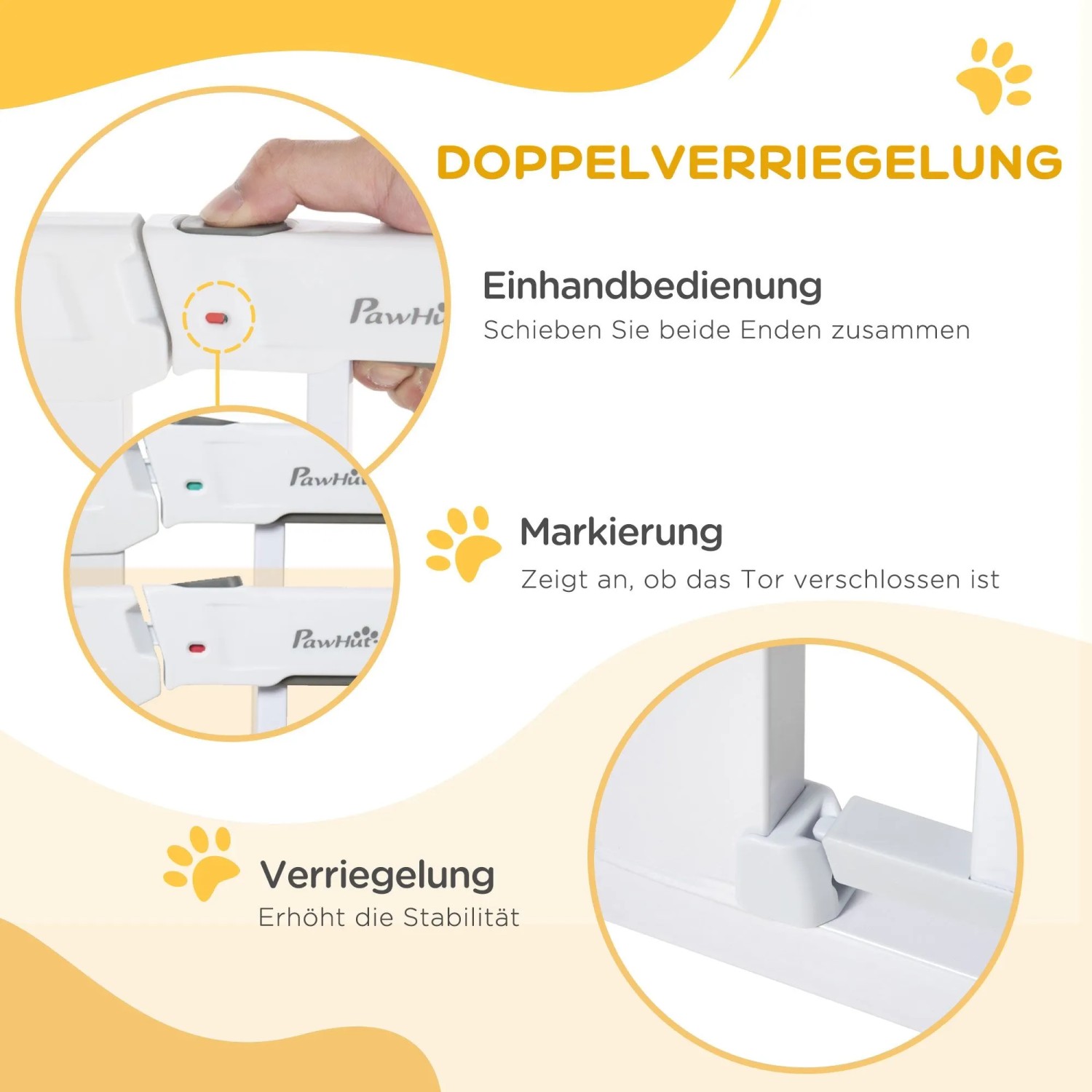 PawHut Türschutzgitter: Doppelverriegelung, Einhandbedienung und Statusanzeige. Details zur Verriegelung für Stabilität.