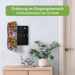 Banjado Edelstahl Schlüsselkasten Funky Town Motiv, offen, 10 Haken, an weißer Wand im Flur.